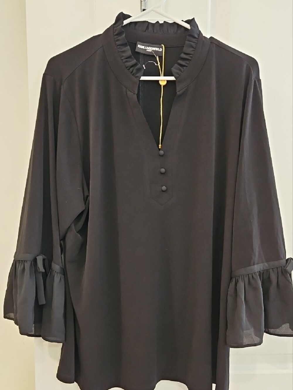 Karl Lagerfeld Black Ruffle-Trim Button Front Blouse